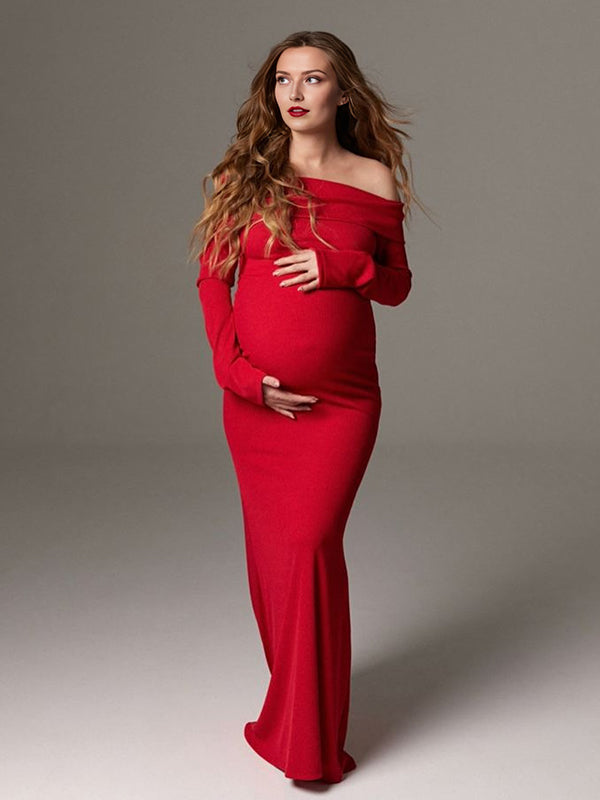 Momyknows Off Shoulder Open Back Ruched Maternity Photoshoot Maxi Dress