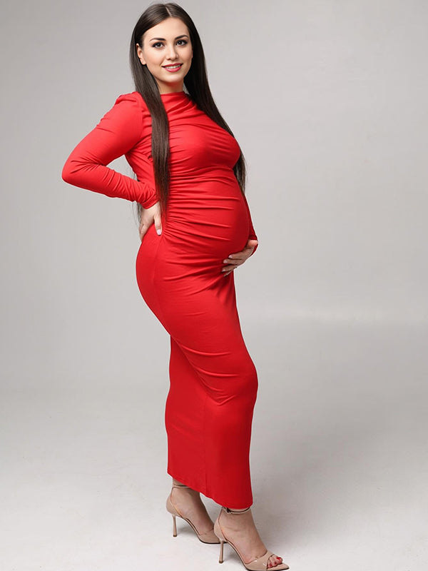 Momyknows Red Round Neck Ruched Bodycon Maternity Photoshoot Maxi Dress