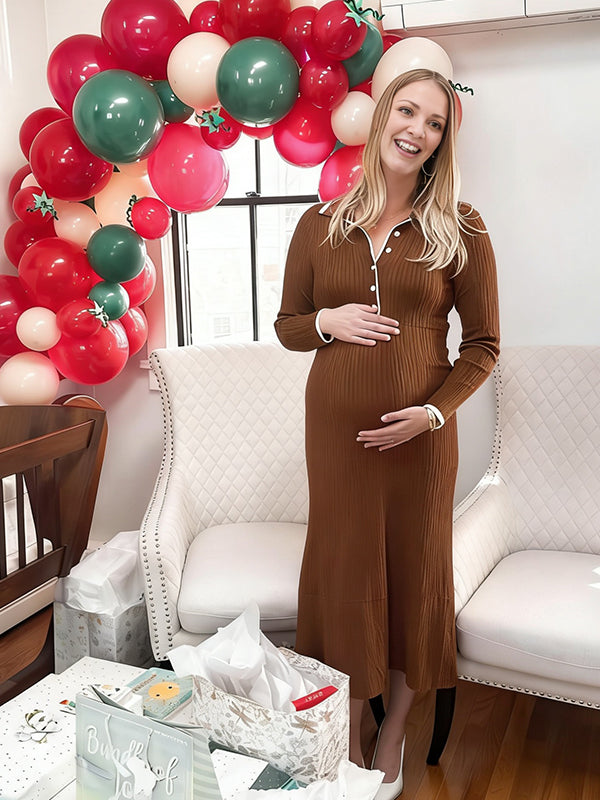 Momyknows Coffee Crochet Turndown Collar Button Maternity Baby Shower Sweater Maxi Dress