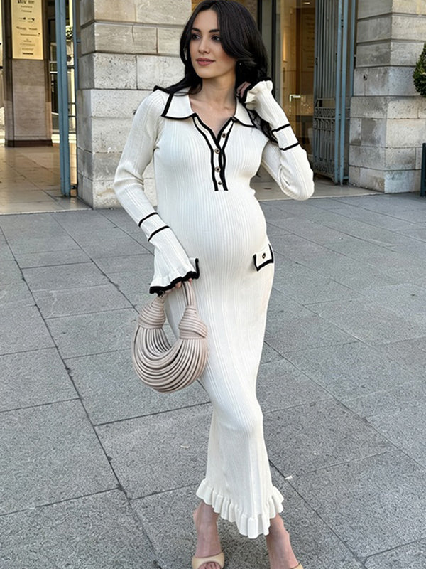 Momyknows Turndown Collar Tache Crochet Maternity Sweater Photoshoot Maxi Dress