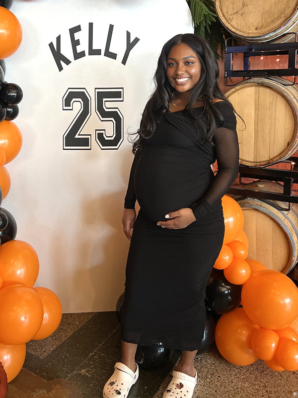 Momyknows Black Off Shoulder Ruched Sheer Maternity Baby Shower Maxi Dress