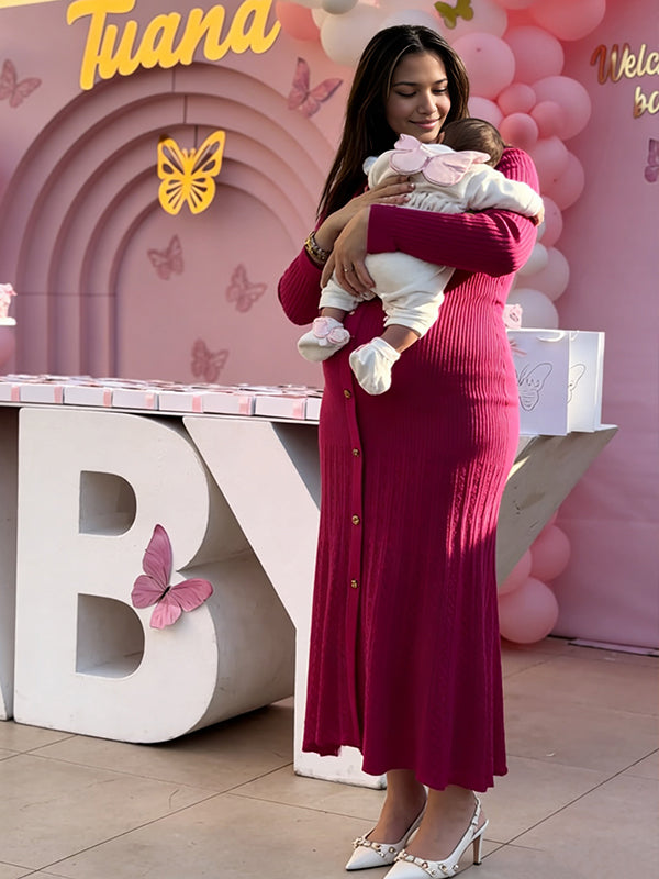 Momyknows Rose Carmine Single Breasted Crochet Maternity Baby Shower Sweater Maxi Dress