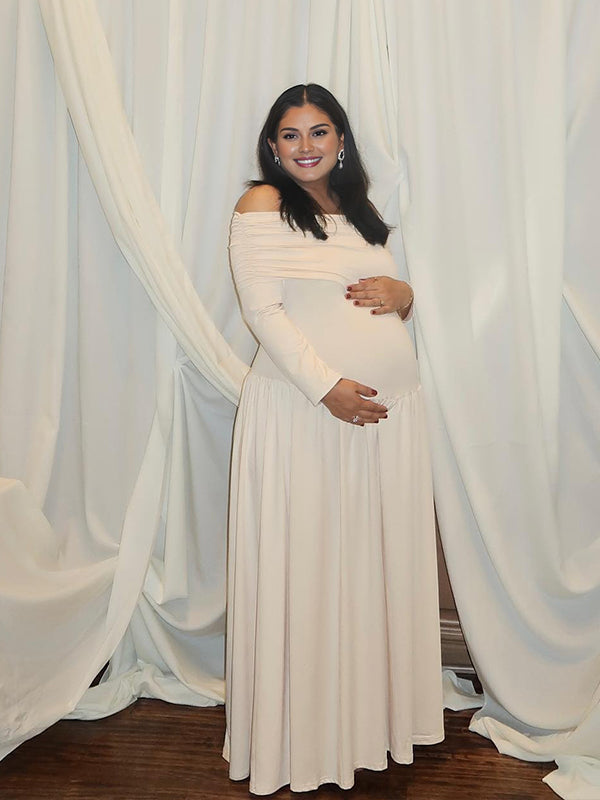 Momyknows Off Shoulder Ruched Backless Spliced Maternity Baby Shower Maxi Dress
