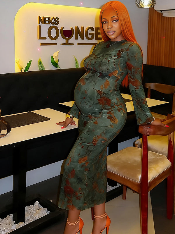 Momyknows Green Print Side Slit Backless Maternity Photoshoot Maxi Dress