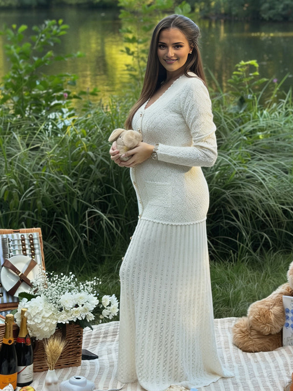 Momyknows White Single Breasted Crochet Pocket Maternity Sweater Photoshoot Maxi Dress