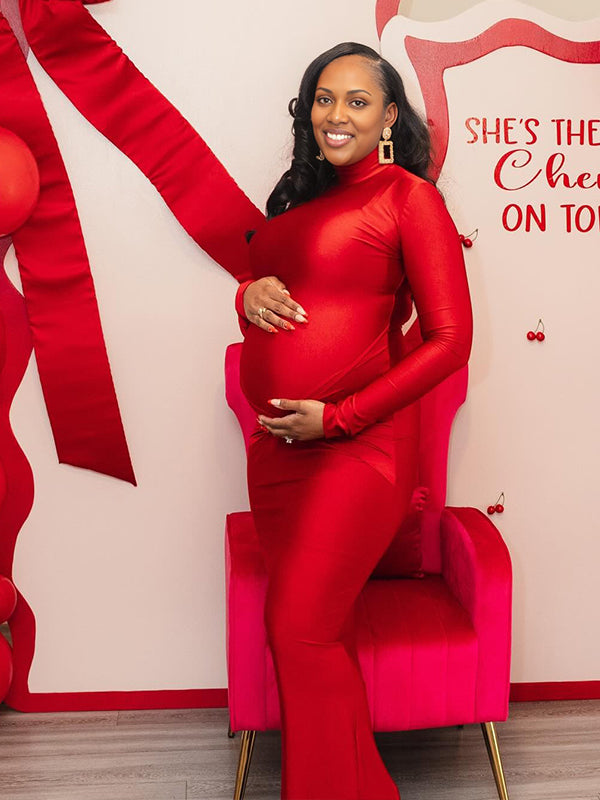 Momyknows Red High Neck Ruched Bodycon Maternity Baby Shower Maxi Dress