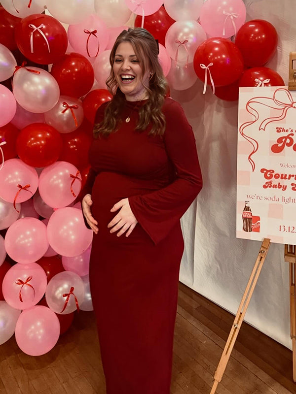 Momyknows Dark Red Round Neck Lace-up Maternity Baby Shower Maxi Dress