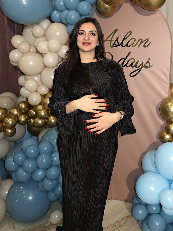 Momyknows Black Lace-up Ruched Flare Sleeve Maternity Baby Shower Maxi Dress