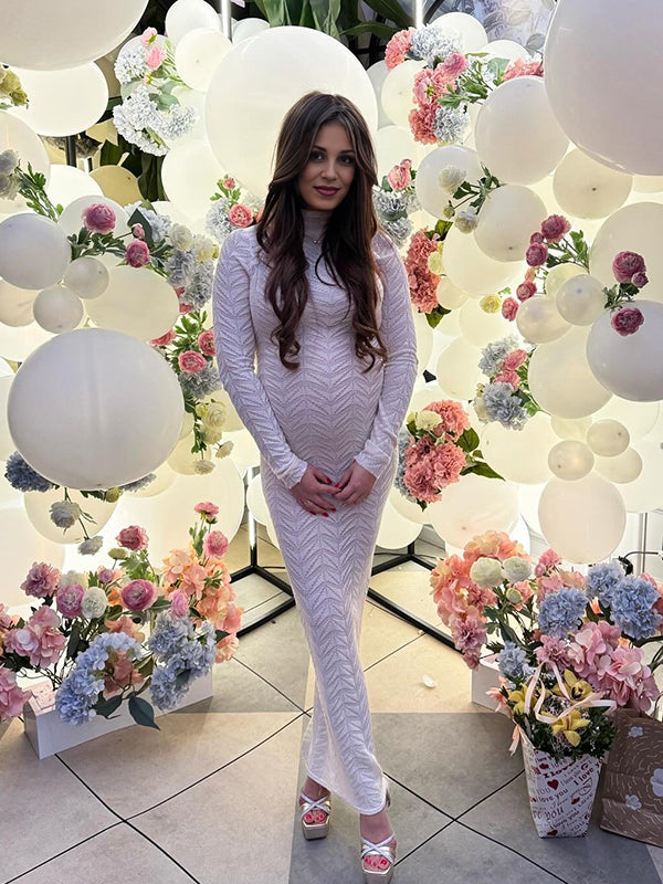 Momyknows White Crochet Hollow Out Turtleneck Badycon Semi-sheer Elegant Maternity Baby Shower Maxi Dress