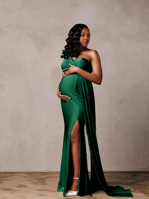 Momyknows Green Satin One Shoulder Side Slit Draped Mermaid Elegant Evening Gown Maternity Photoshoot Maxi Dress