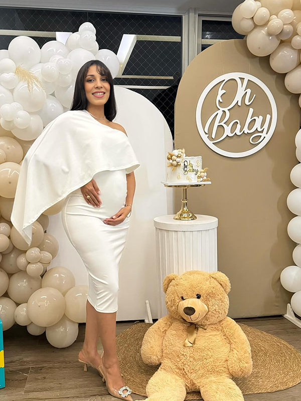 Momyknows White One Shoulder Ruffle Falbala Cape Sleeve Bodycon Elegant Maternity Baby Shower Midi Dress