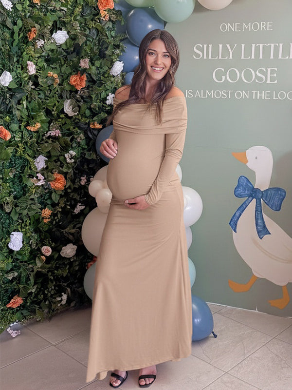 Momyknows Off Shoulder Ruched A-line Elegant Maternity Maxi Dress