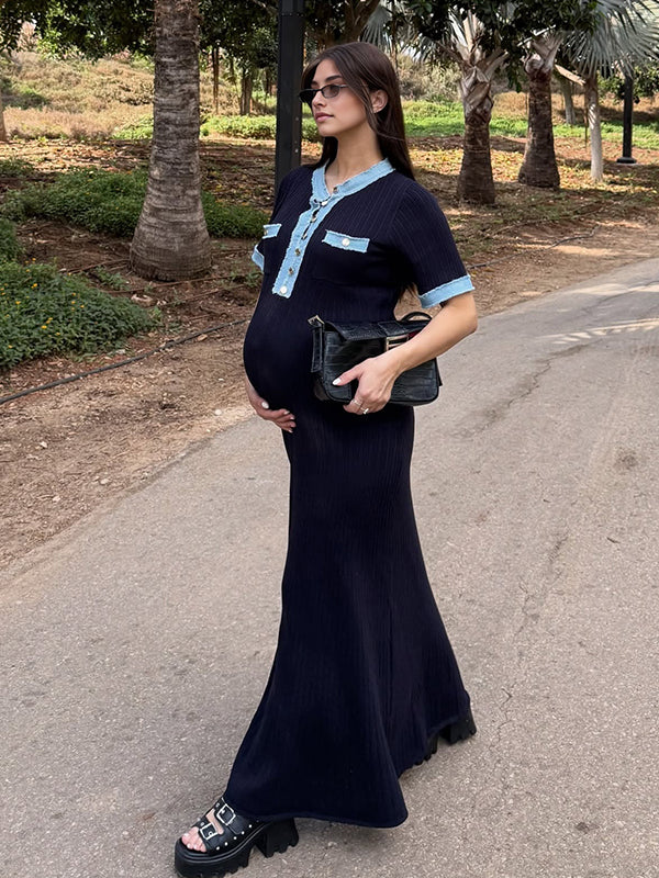 Momyknows Knit Denim Patchwork Ruffle Buttons Pockets Maternity Sweater Maxi Dress