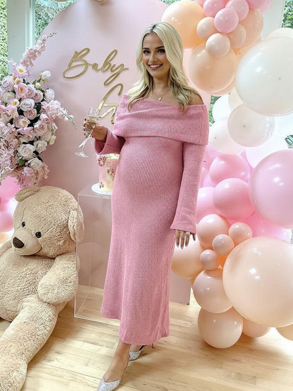 Momyknows Knit Off Shoulder Flare Sleeve Bodycon Maternity Sweater Maxi Dress