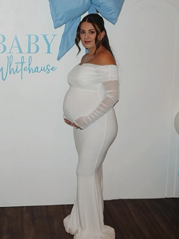 Momyknows Mesh Off Shoulder Ruched Mermaid Elegant Maternity Maxi Dress