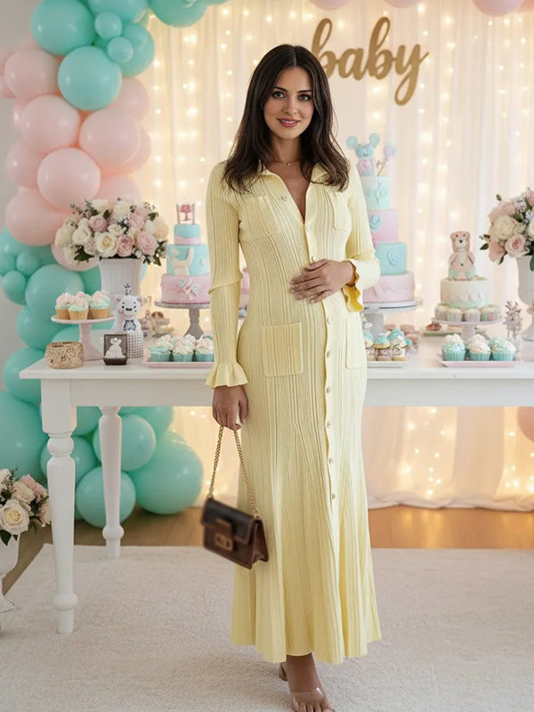 Momyknows Knit Single Breasted Ruffle Pockets Slit Polo Maternity Sweater Maxi Dress