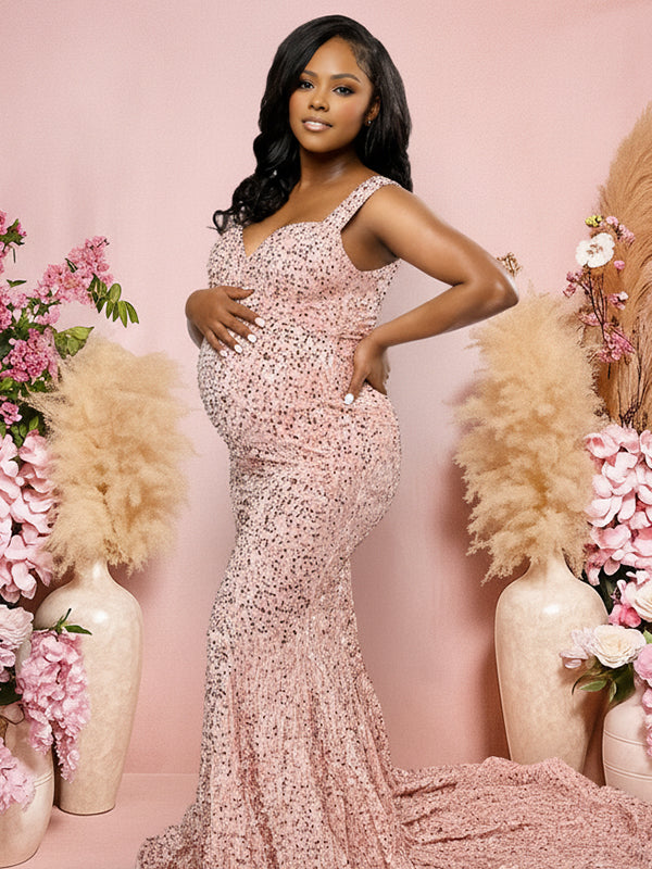 Momyknows Sequin Tank Sweetheart Neckline Mermaid Elegant Gown Maternity Maxi Dress