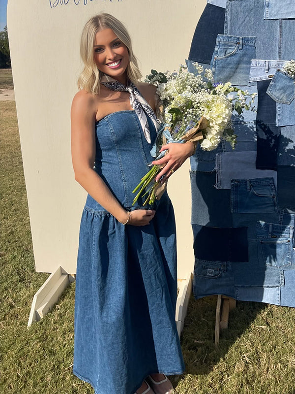 Momyknows Denim Blue Bandeau Bodice Strapless Big Swing Maternity Maxi Dress