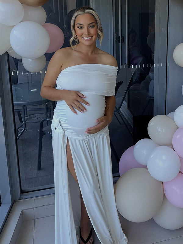 Momyknows White One Shoulder Ruched Metal Buckle Wrap Side Slit Maternity Maxi Dress