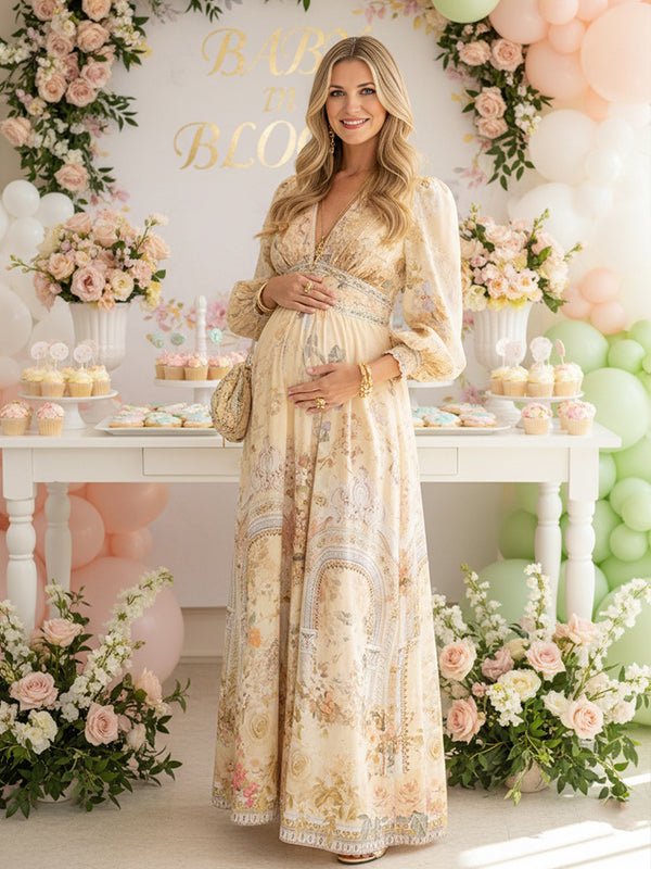 Momyknows Floral Buttons Shaped Waistband Big Swing Flowy Boho Maternity Maxi Dress, Beige / 2XL