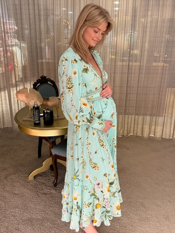 Momyknows Floral Buttons Shaped Waistband Big Swing Flowy Boho Maternity Maxi Dress Beige / M Momyknows Floral Buttons Shaped Waistband Big Swing Flowy Boho Maternity Maxi Dress Beige / M