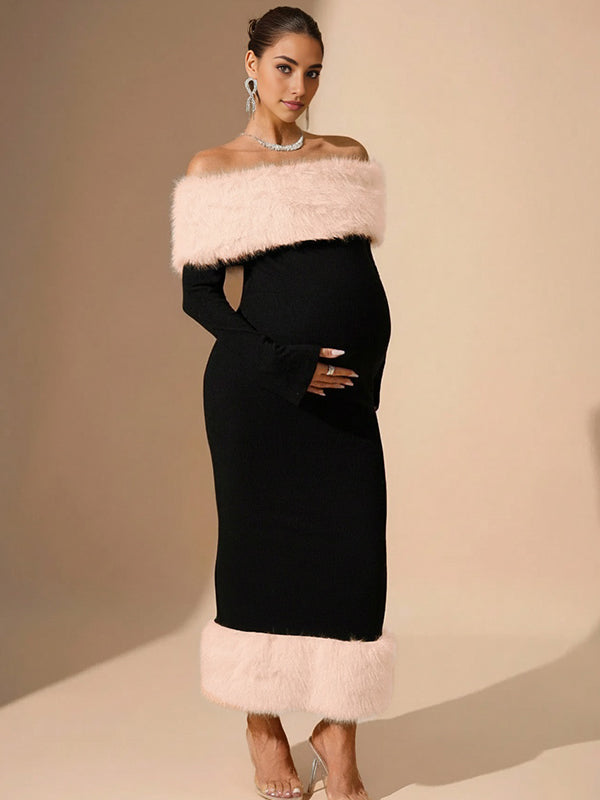 Momyknows Off Shoulder Feather Back Slit Bodycon Maternity Maxi Dress