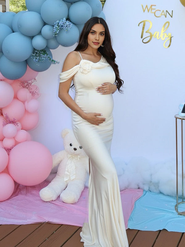 Momyknows White 3D Flower Ruched Draped Cami Mermaid Maternity Maxi Dress