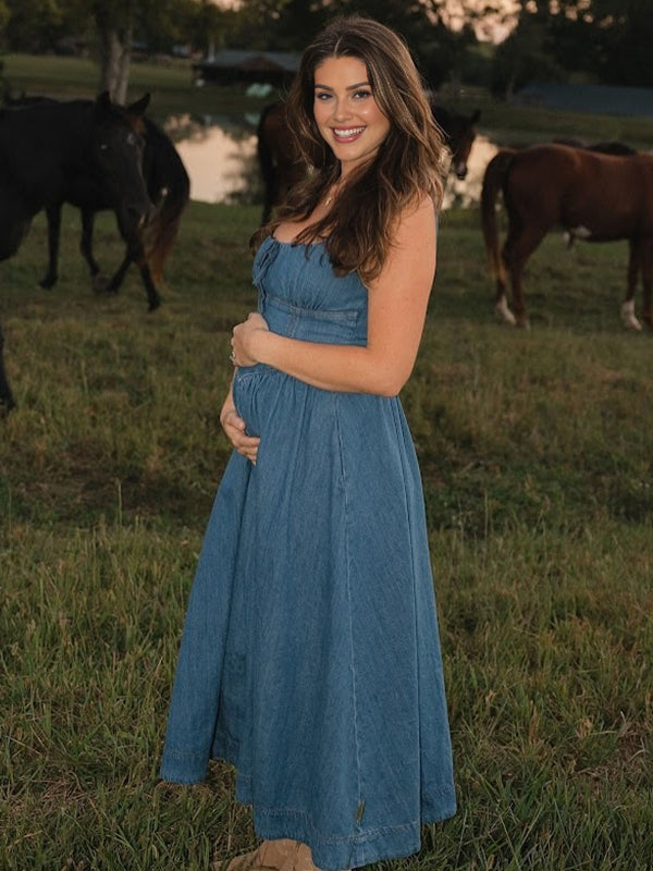 Momyknows Denim Blue Ruched Lace-Up Bodice Big Swing Cami Maternity Maxi Dress