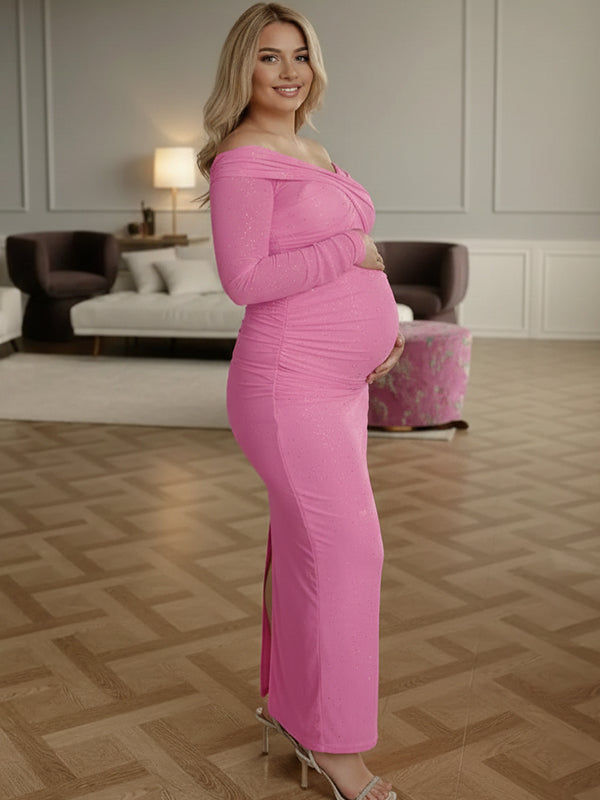 Momyknows Glitter Bronzing Off Shoulder Mesh Ruched Back Slit Bodycon Maternity Maxi Dress