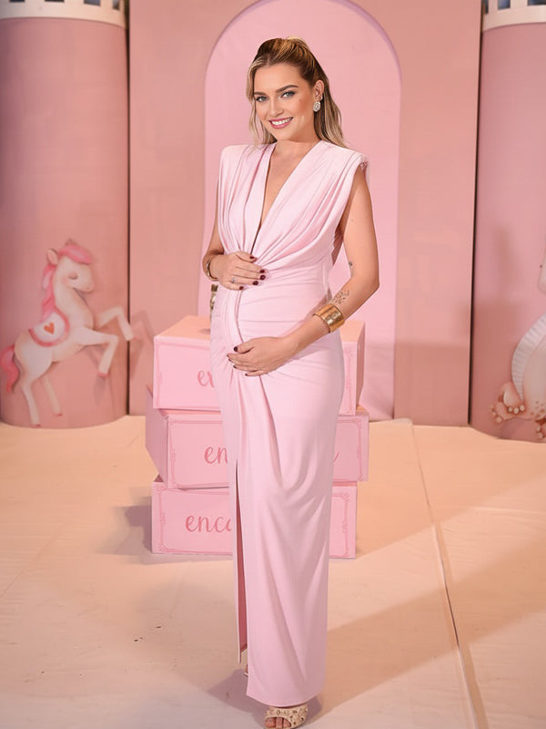 Momyknows Pink Irregular Ruched Draped Slit Shoulder Pads Bodycon Maternity Maxi Dress