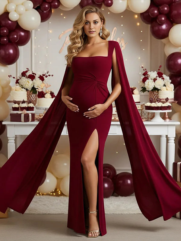 Momyknows Ruched Twisted Knot Side Slit Shoulder Padding Cape Sleeve Maternity Maxi Dress