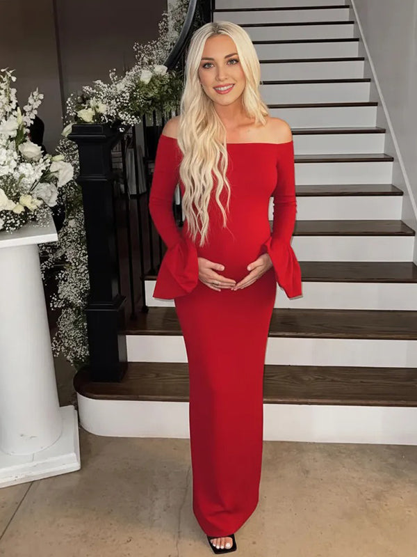 Momyknows Off Shoulder Ruffle Back Slit Flare Sleeve Bodycon Maternity Maxi Dress Momyknows Off Shoulder Ruffle Back Slit Flare Sleeve Bodycon Maternity Maxi Dress