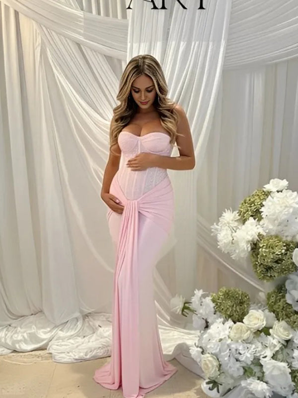 Momyknows Sequin Bandeau Ruched Knot Draped Bodycon Maternity Maxi Dress