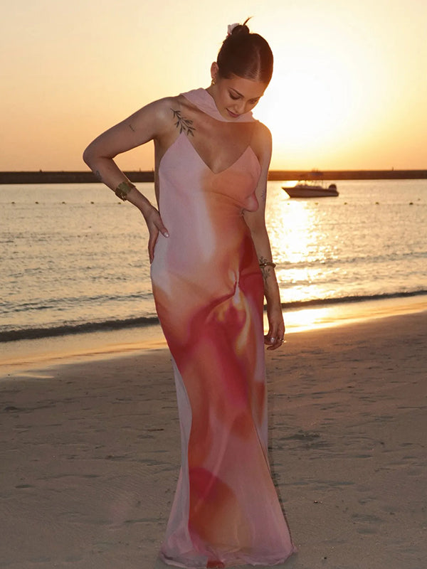 Momyknows Pink Tie Dye Backless Scarf Cami Bodycon Maternity Maxi Dress