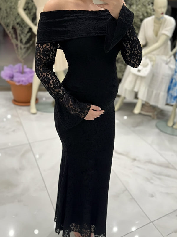 Momyknows Lace Off Shoulder Flare Sleeve Bodycon Maternity Maxi Dress Red / S Momyknows Lace Off Shoulder Flare Sleeve Bodycon Maternity Maxi Dress Red / S
