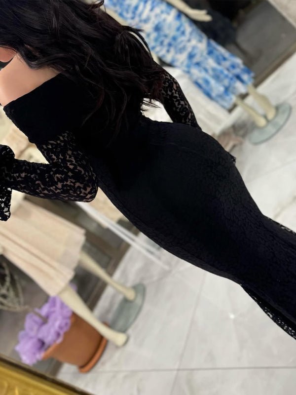 Black lace maternity maxi dress with flare sleeve bodycon design.