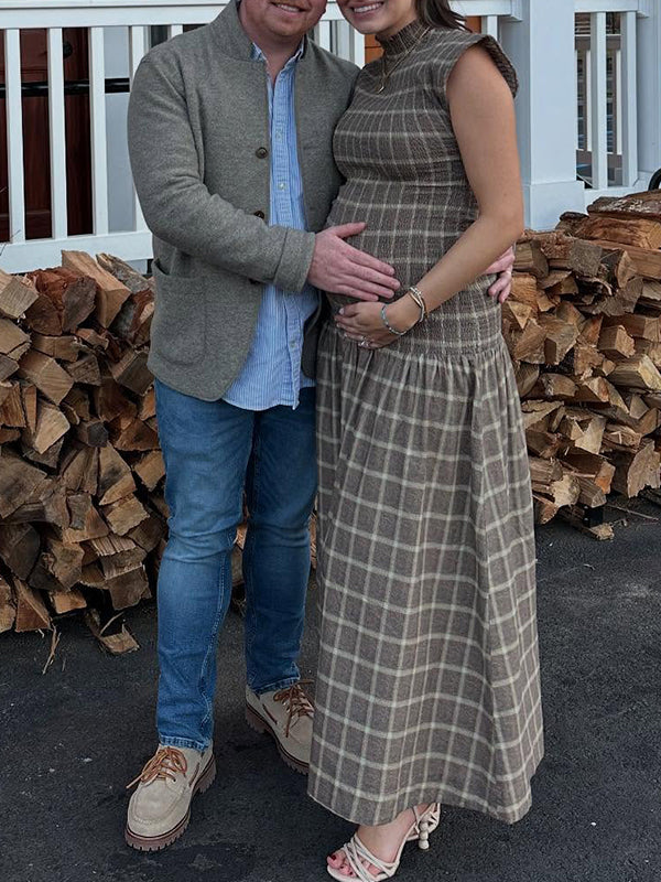 Momyknows Camel Plaid Smocked Shirred Dropped Waist A-line Maternity Maxi Dress Momyknows Camel Plaid Smocked Shirred Dropped Waist A-line Maternity Maxi Dress
