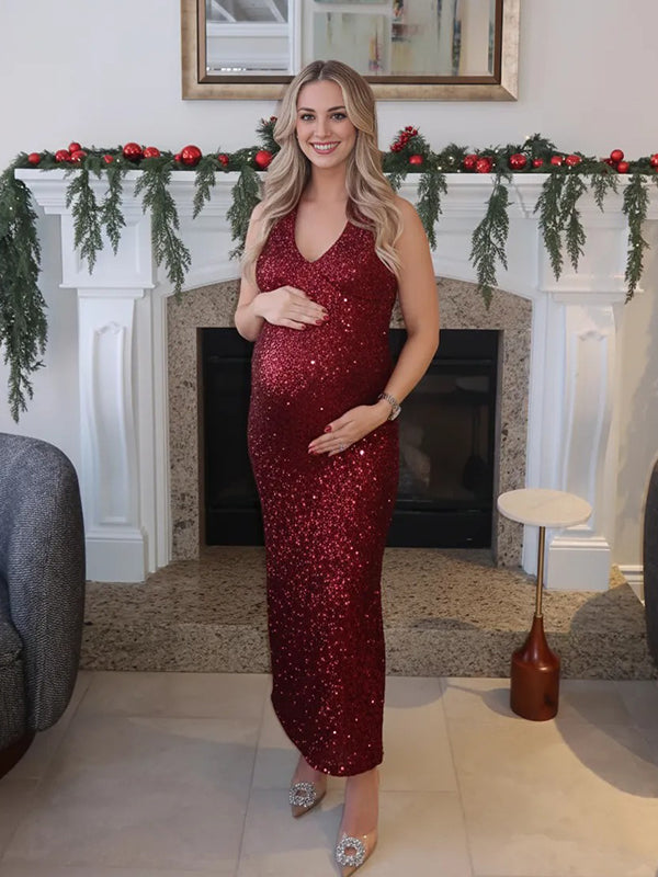 Momyknows Sparkle Sequin Halter Neck Backless Bodycon Maternity Maxi Dress