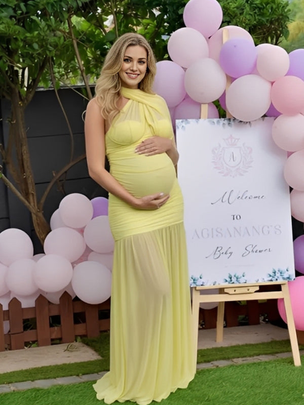 Momyknows Yellow Mesh Ruched Scarf Halter Neckline Mermaid Maternity Maxi Dress