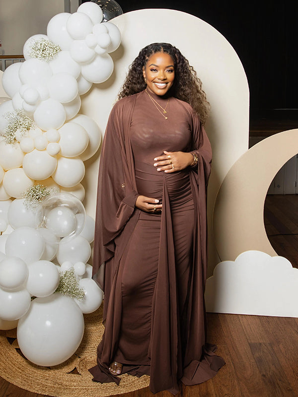 Momyknows Brown Mesh Ruched Ruffle Draped Two Piece Set Maternity Maxi Dress