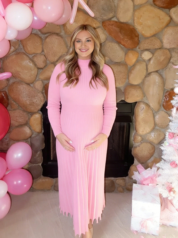 Momyknows Knit Pleated Big Swing High Neck Maternity Midi Sweater Dress