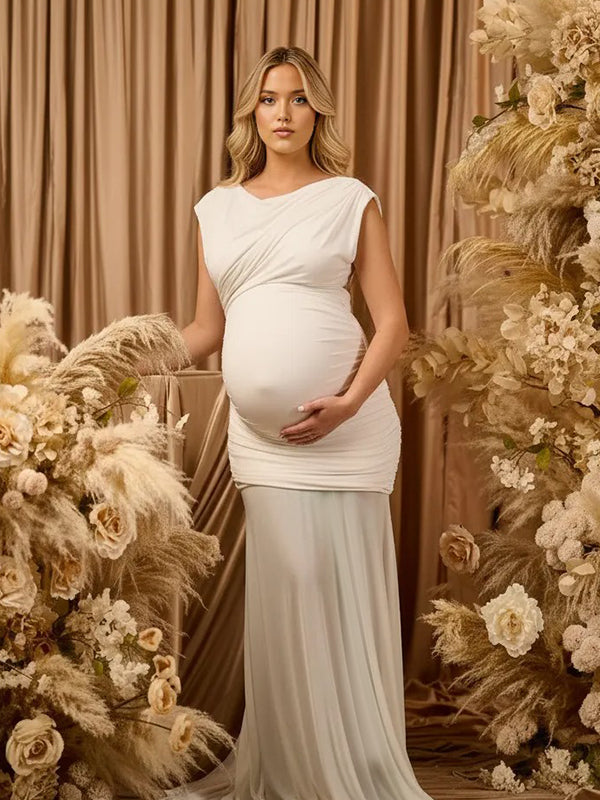 Momyknows Mesh Ruched Bodice Drop Shoulder Flared Hem Maternity Maxi Dress