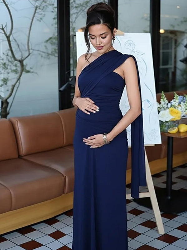 Momyknows One Shoulder Ruched Ruffle Draped Scarf Bodycon Maternity Maxi Dress