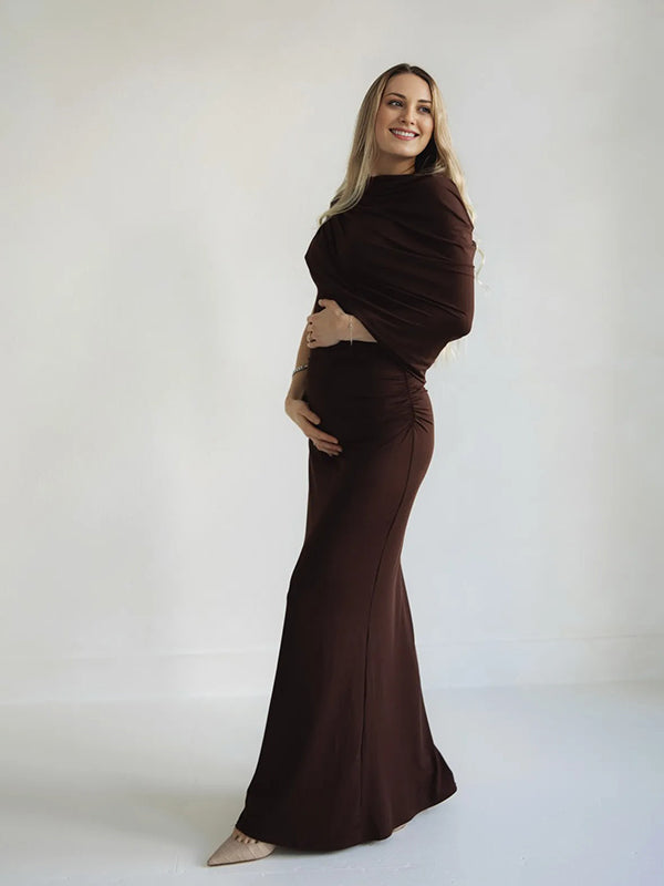 Momyknows Irregular Ruched Cape-like Bodycon Elegant Maternity Maxi Dress
