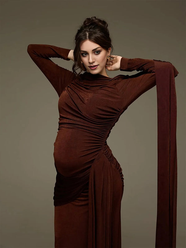 Momyknows Brown Irregular Ruched Metal Buckle Cape Draped Elegant Maternity Maxi Dress