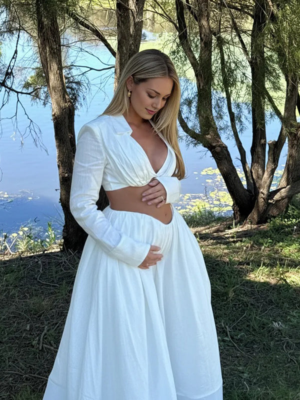 Momyknows White Gathering Crop Big Swing Two Piece Set Boho Maternity Maxi Dress White / S Momyknows White Gathering Crop Big Swing Two Piece Set Boho Maternity Maxi Dress White / S