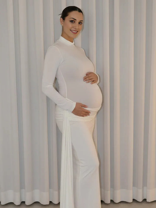 Momyknows Irregular Ruched Draped High Neck Bodycon Elegant Maternity Maxi Dress