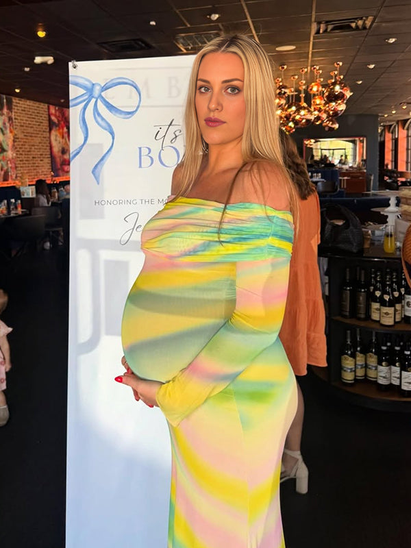 Momyknows Colorful Rainbow Off Shoulder Ruched Bodycon Maternity Maxi Dress