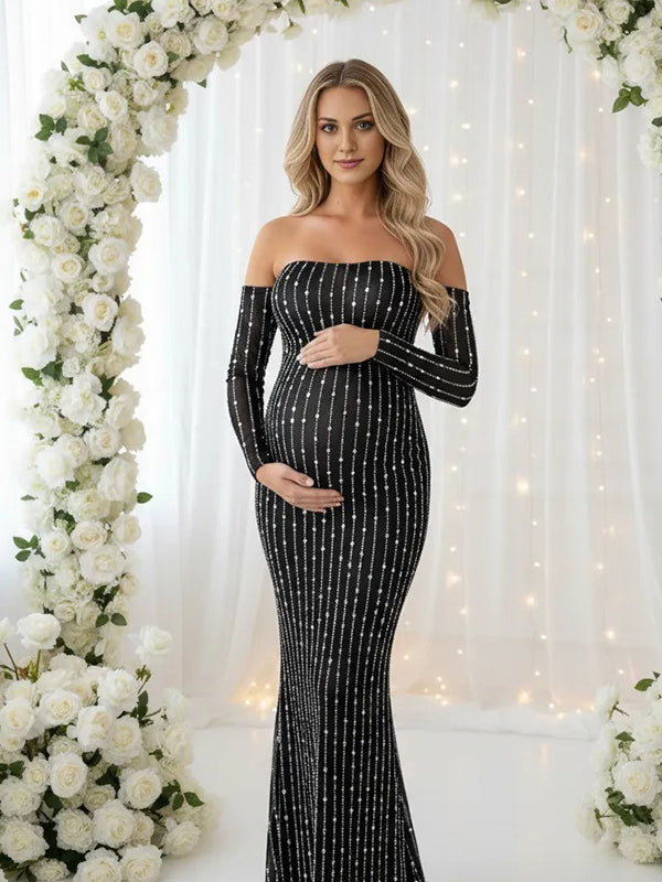 Momyknows Mesh Rhinestone Diamonds Off Shoulder Back Slit Bodycon Maternity Maxi Dress