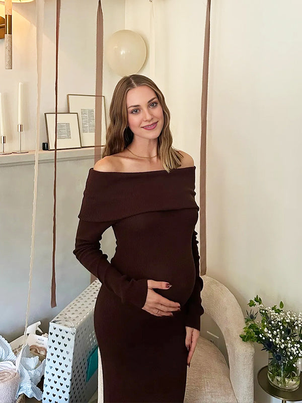 Momyknows Brown Knit Off Shoulder Back Slit Bodycon Maternity Maxi Dress